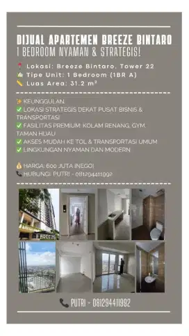 Jual Cepat! Apartemen The Brezze Bintaro Dijual Harga di Bawah Pasar
