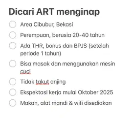 Dicari ART Menginap (Area Cibubur Bekasi)