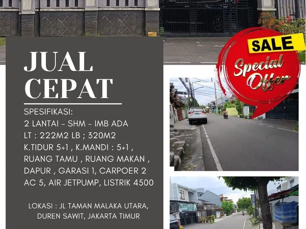 JUAL CEPAT LB: 350m2,  DUREN SAWIT, JAKARTA TIMUR