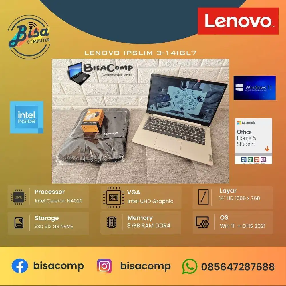 Lenovo IP slim3-14igl7 Intel N4020 SSD 512gb Ram 8gb 14inchHD