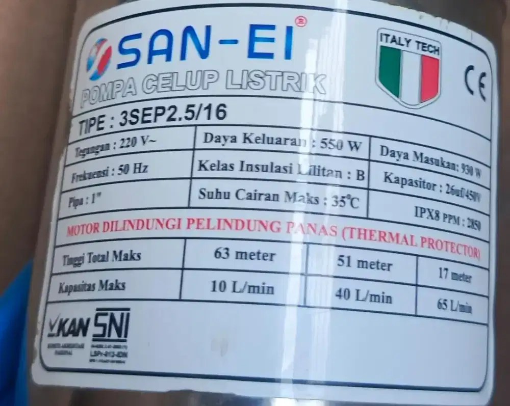 Satelit/pompa air listrik merk SAN-EI.  0,75hp [Tipe : 3SEP2.5/16]