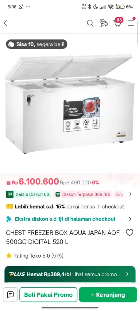 BU FREEZER AQUA AQF 500 GC 520 Liter