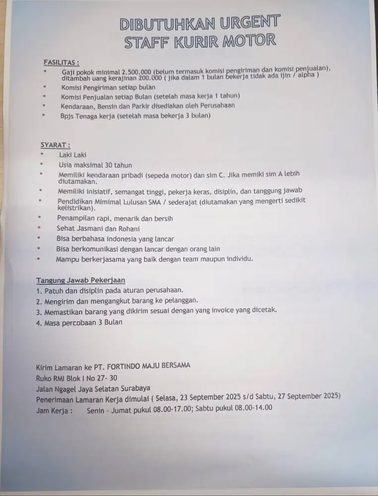 Dibutuhkan Staff Kurir URGENT