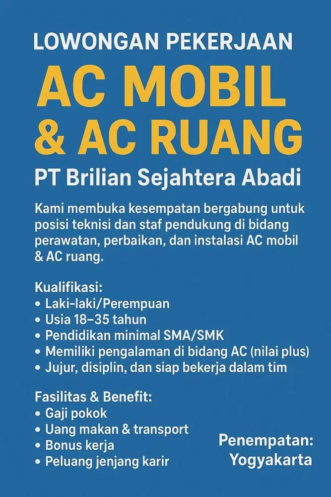 Dibutuhkan segera Teknisi AC ruang dan AC mobil