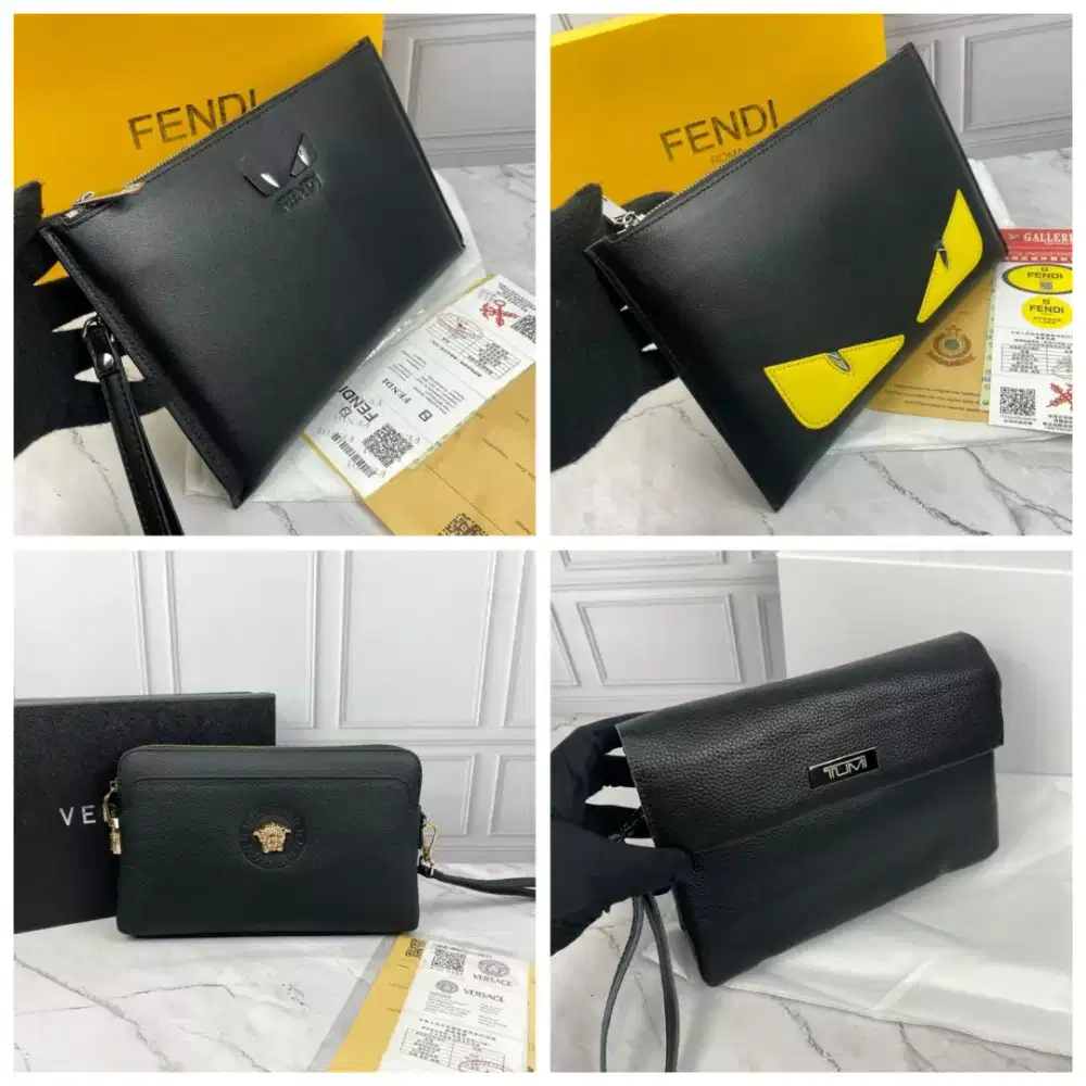 CLUTCH BAG branded Pria Pouch black leather fendi vrsace