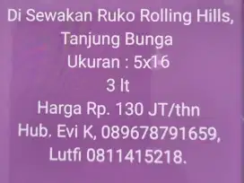 Disewakan ruko 3 lt di Rolling Hills Tjg Bunga Makassar