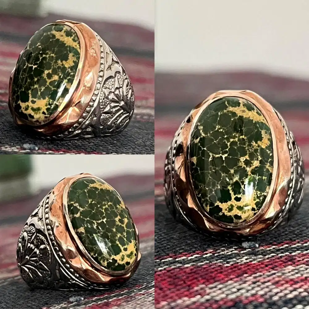 Cincin Natural Turquoise Phyrus Persia Warna Hijau Ceplok Serat Emas
