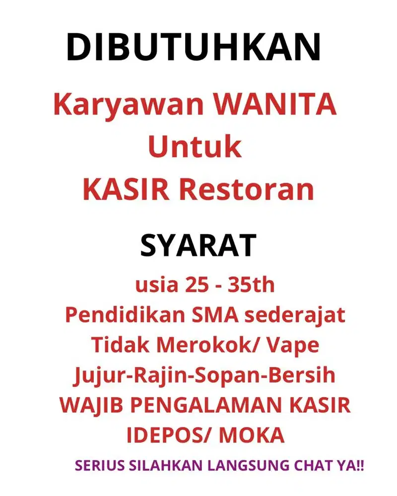 BUTUH KASIR RESTORAN YG PENGALAMAN
