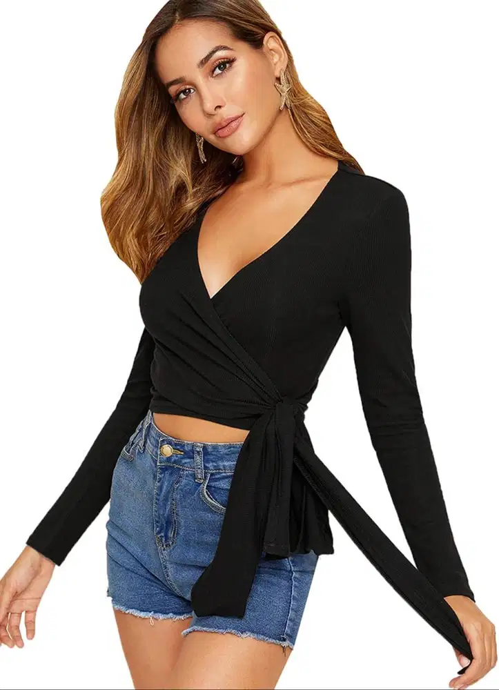 Preloved Top Black Wrap Knot - V-Neck