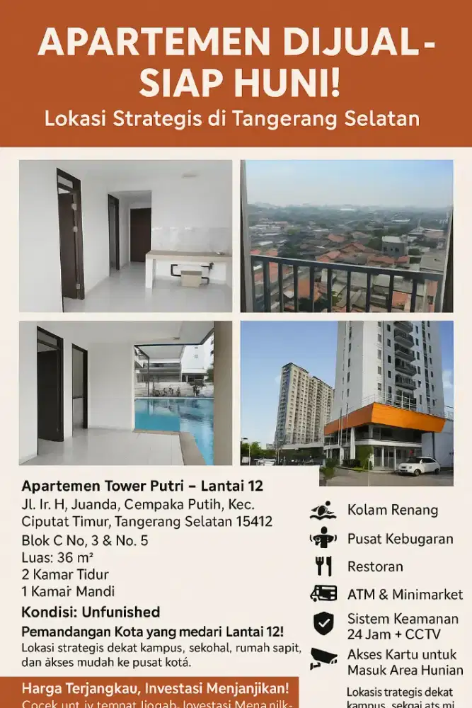 Apartemen city light type 21 dan tanah sawah sukatani