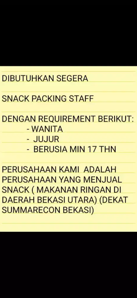 DIBUTUHKAN SEGERA SNACK PACKING
