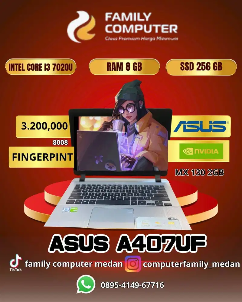 GAMING ASUS A407UF CORE I3 7020U RAM 8GB NVIDIA MX130 2GB SSD 256GB OK