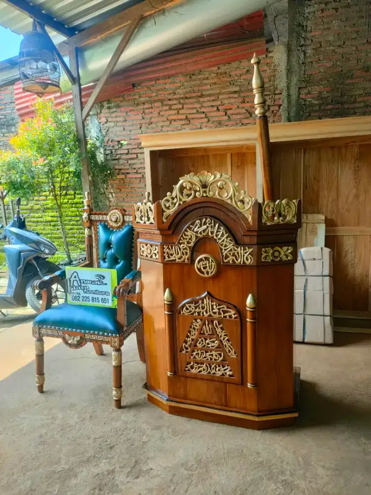 Mimbar masjid podium set kursi full kayu jati