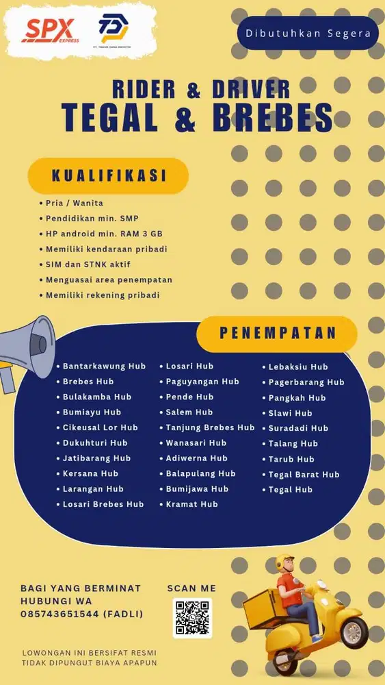 Loker Kurir Rider (motor) dan Kurir Driver (Mobil) area Tegal Brebes