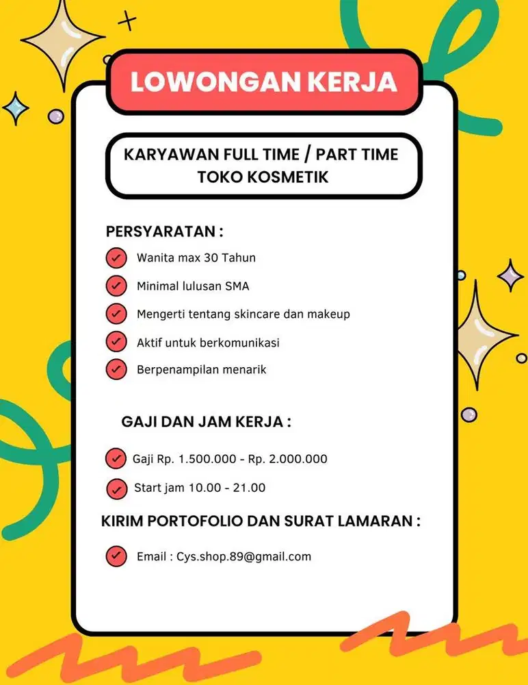 Full Time/Part Time Toko Kosmetik