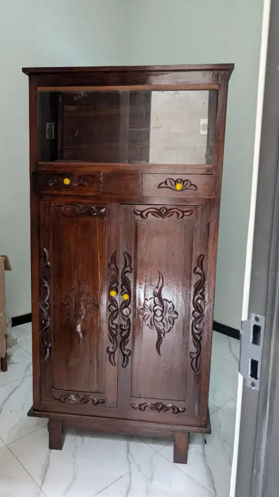 LEMARI KAYU JATI 2 PINTU SEMI KACA