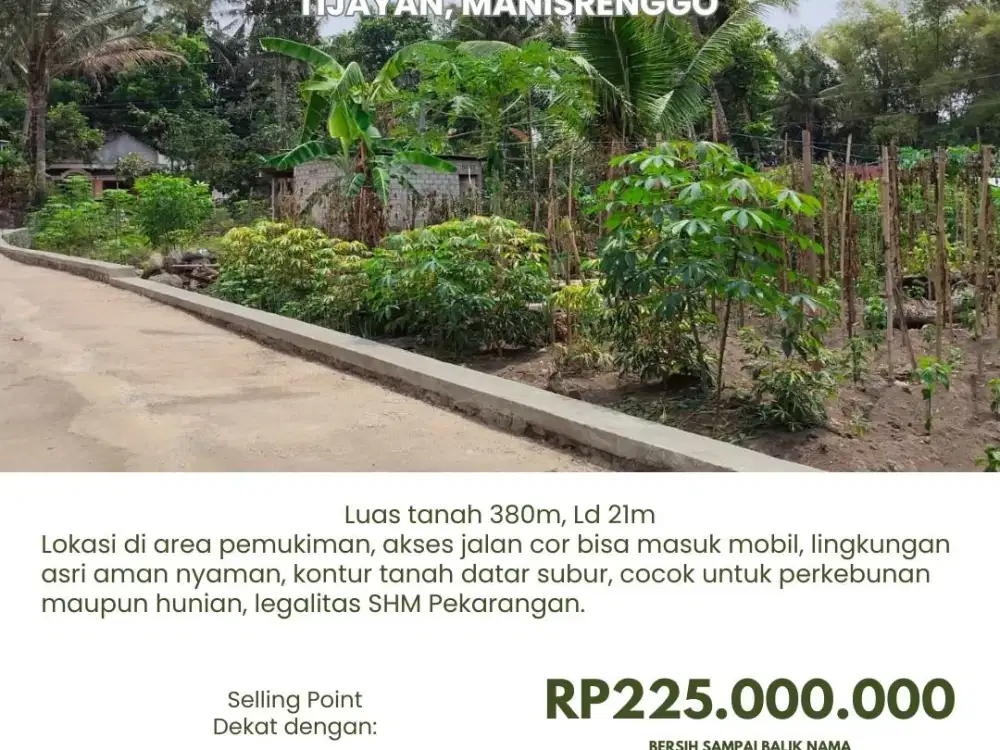 COCOK UNTUK HUNIAN MAUPUN PERKEBUNAN TANAH PEKKARANGAN DI TENGAH DESA TIJAYAN, MANISRENGGO
