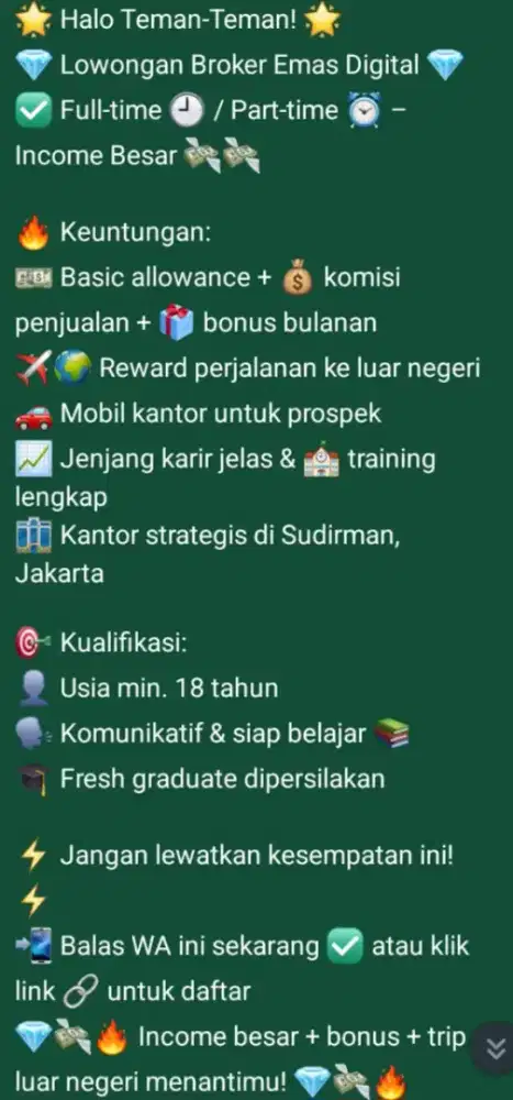 Dibutuhkan segera Marketing jasa keuangan non perbankan.