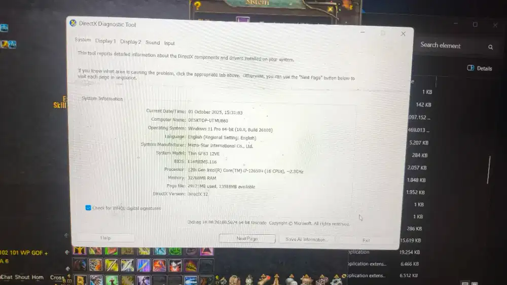 MSI Thin GF63 Gen 12 I7-12650H RAM 32GB Vga NVDIA 4050 RTX