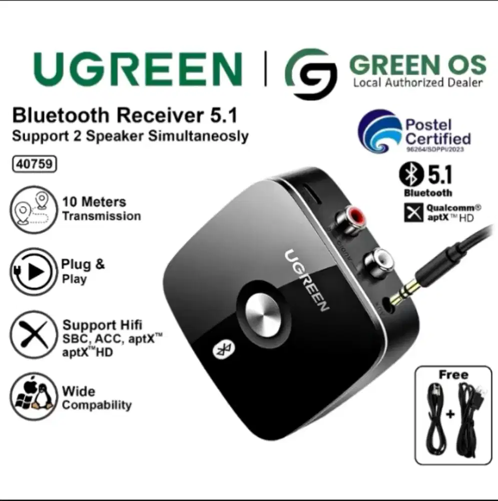 Ugreen Wireless Bluetooth Receiver V5.1 APTX 2RCA 3,5mm AUX 40759