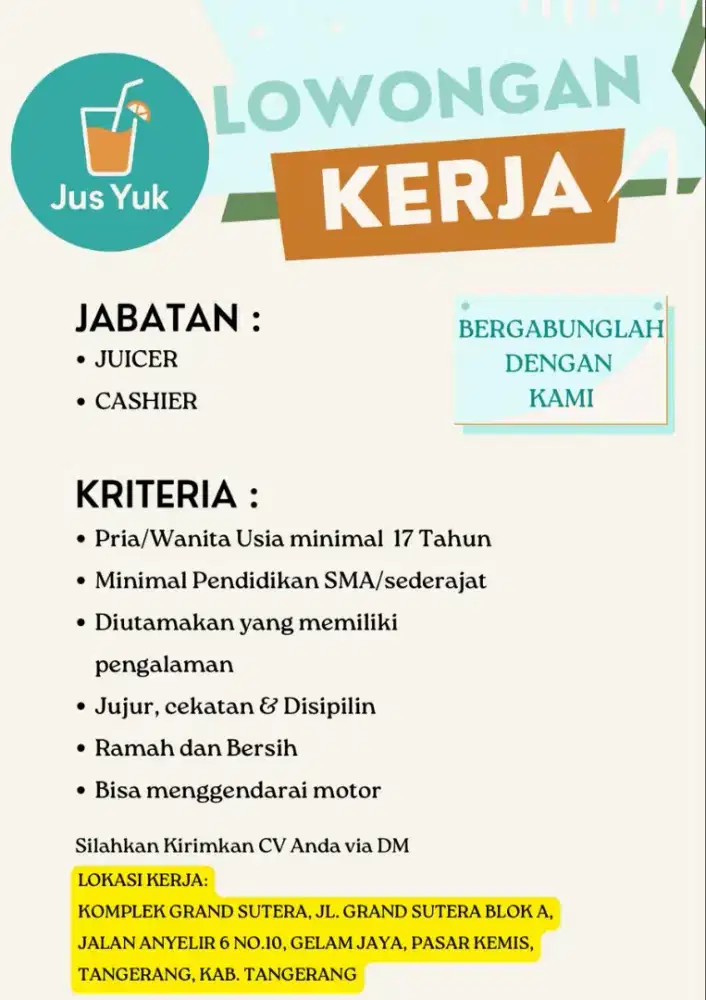 Lowongan Juicer dan Cashier Kedai Jus Yuk Pusat