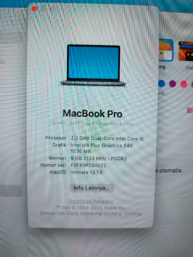 Dijual macbook Pro 13-inch 2017 Ram 8GB SSD 512GB CC