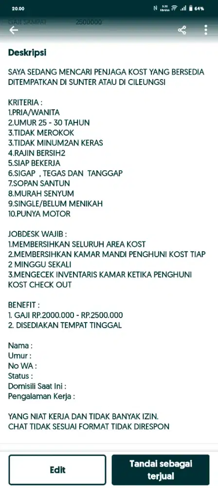 LOWONGAN PENJAGA KOST UNTUK DAERAH SUNTER