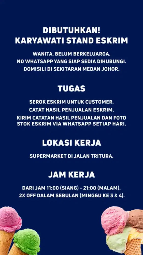 Dibutuhkan KARYAWATI stand eskrim