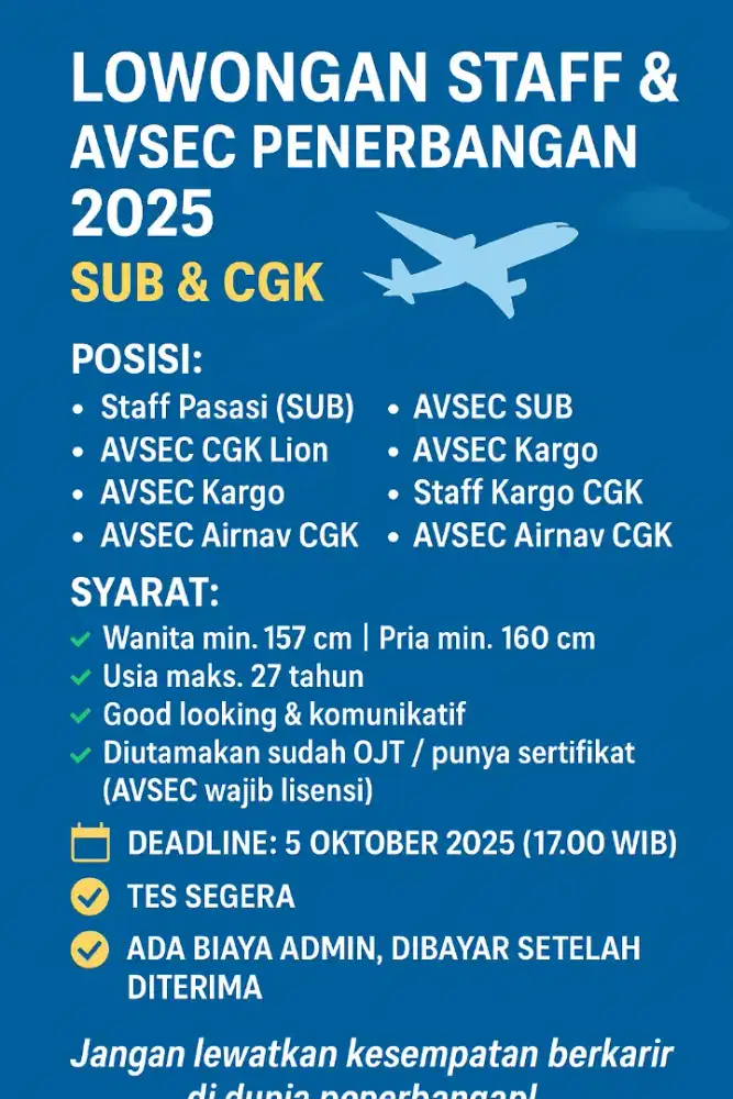 Lowongan Staff & AVSEC Penerbangan 2025 | SUB & CGK
