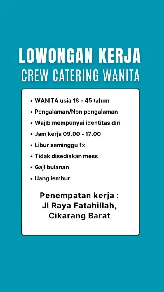 Lowongan Kerja Staff Catering Wanita di Cikarang