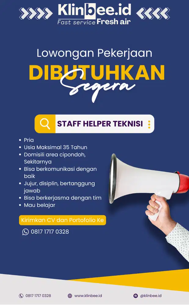 Dibutuhkan Segera Teknisi AC, dan Helper AC