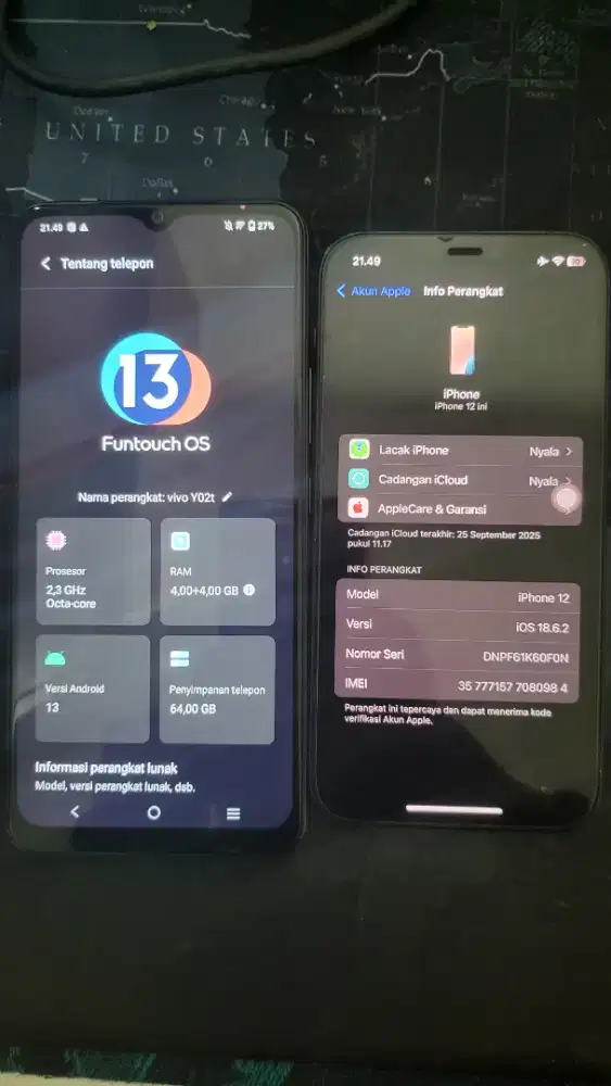 Dijual sepaket Iphone 12 64 GB &  Vivo Y02T