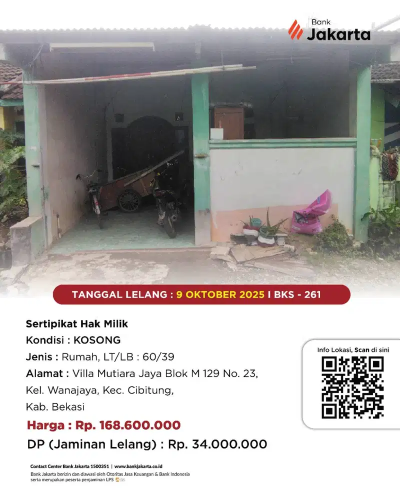 LELANG BANK DKI - DIJUAL VIA LELANG RUMAH VILLA MUTIARA JAYA BLOK M 12