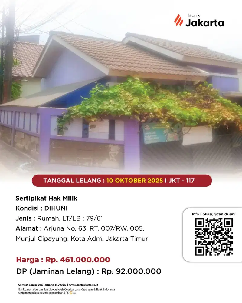 LELANG BANK DKI - DIJUAL VIA LELANG RUMAH ARJUNA NO. 63 CIPAYUNG