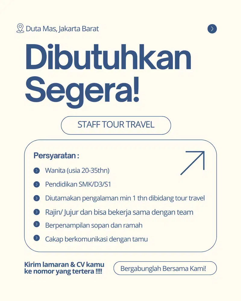 DIBUTUHKAN SEGERA LOWONGAN PEKERJAAN UNTUK STAFF ADMIN TOUR TRAVEL