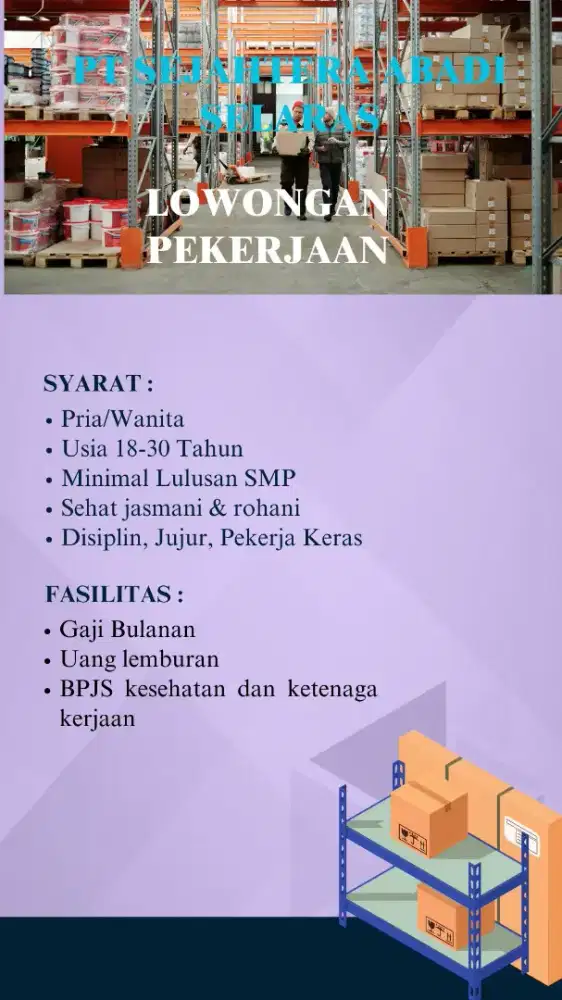 Di butuhkan segera karyawan pabrik gudang