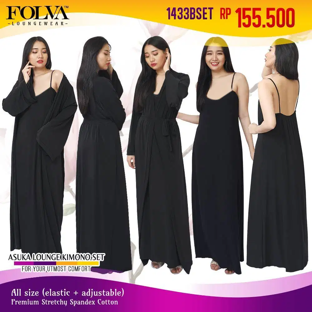 Folva Kimono set panjang hitam inner outer stretchy cotton 1433BSET