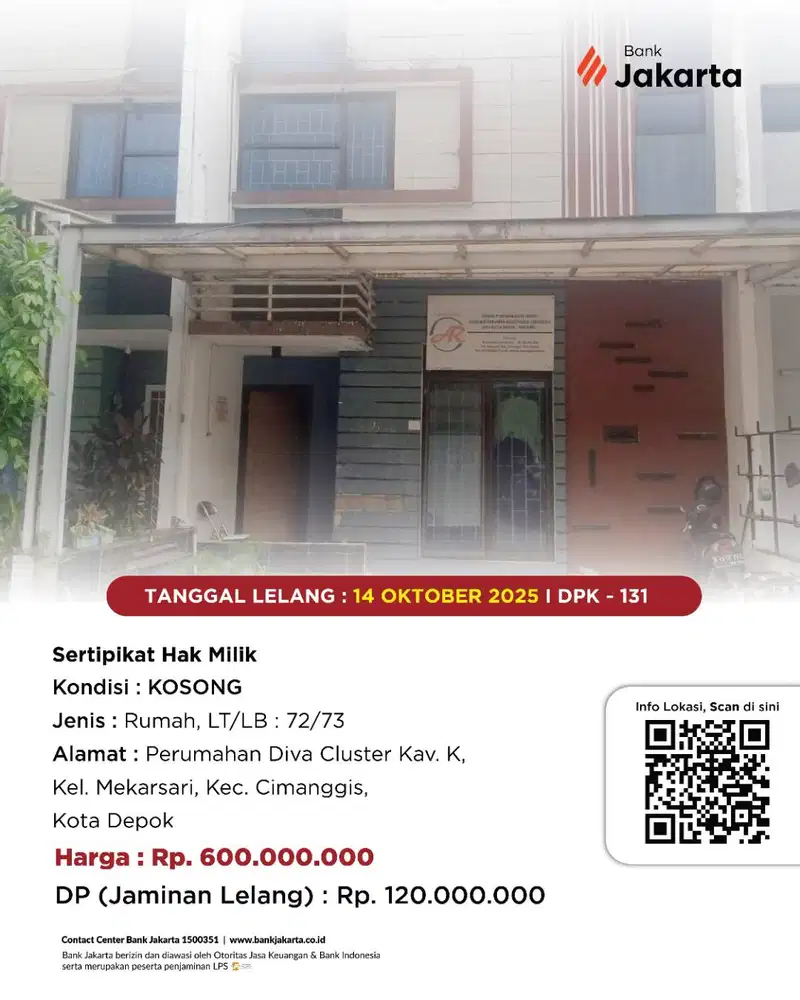 LELANG BANK DKI - DIJUAL VIA LELANG PERUM DIVA CLUSTER KAV K