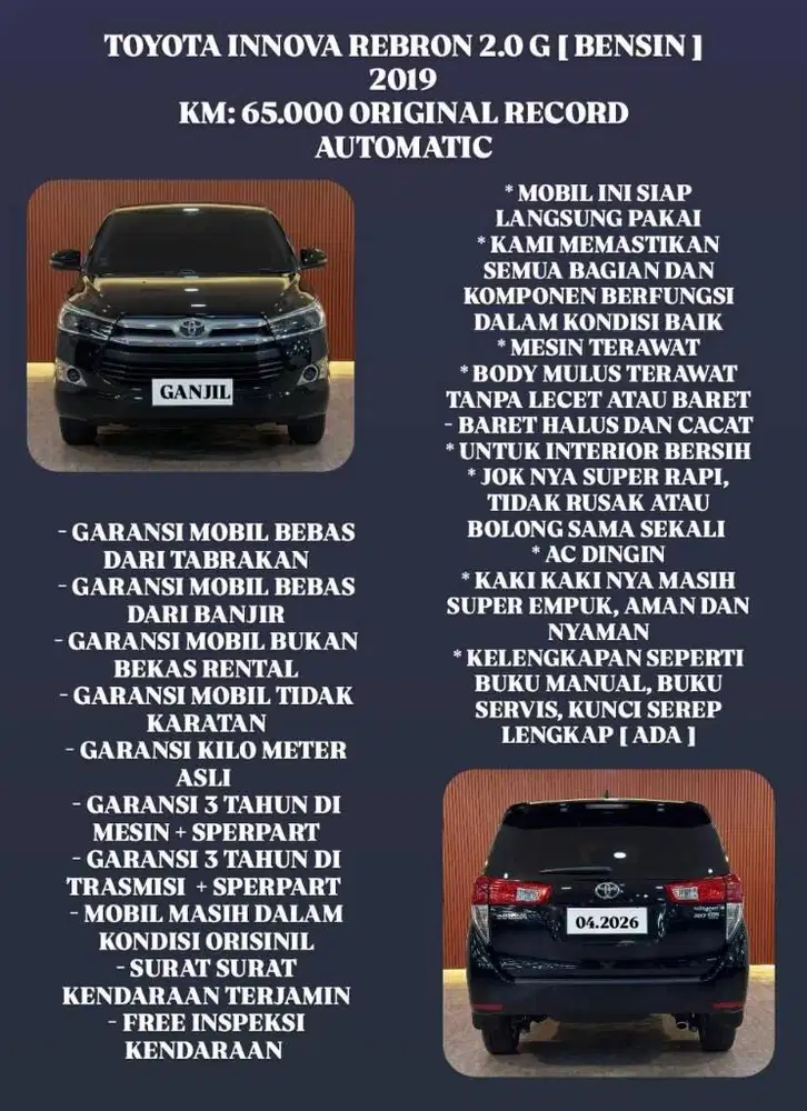 [ KM 65.000 ORIGINAL ] TOYOTA INNOVA REBRON G 2.0 BENSIN AT 2019