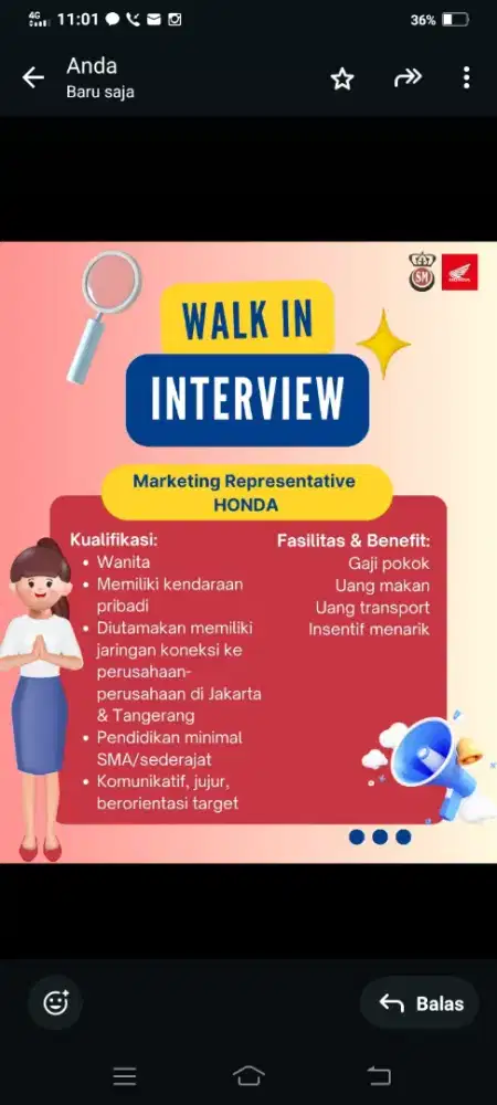 Walk in interview untuk jabatan marketing representative honda