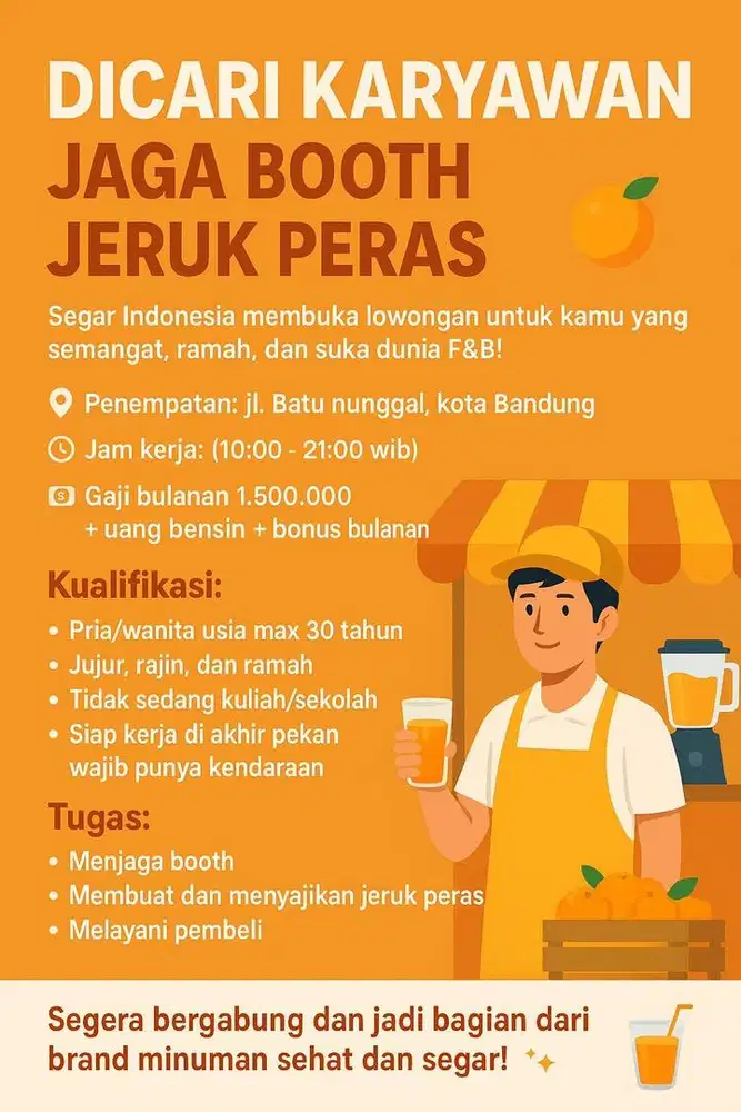 Dicari karyawan jeruk peras (pria) utk akhir bulan oktober