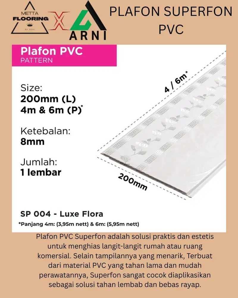 Superfon Plafon PVC Serat Kayu Glossy Tebal 8mm Panjang 6 Meter - SP 0
