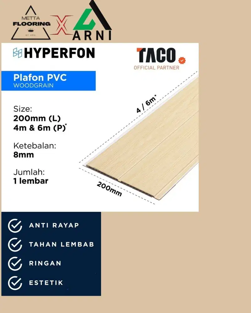 Hyperfon Plafon PVC Serat Kayu Doff Tebal 8mm Panjang 4 Meter - HK 001