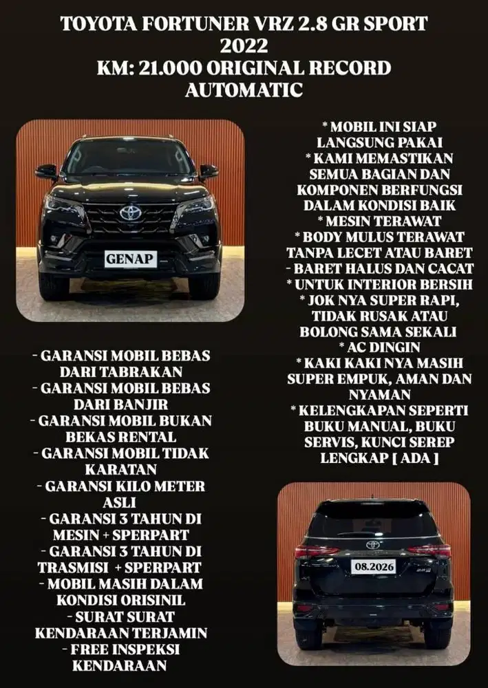 [ KM 28.000 ORIGINAL ] TOYOTA FORTUNER VRZ GR SPORT 2.8 AT 2022