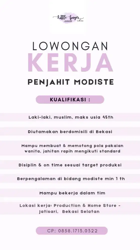 Lowongan Kerja Penjahit Modiste