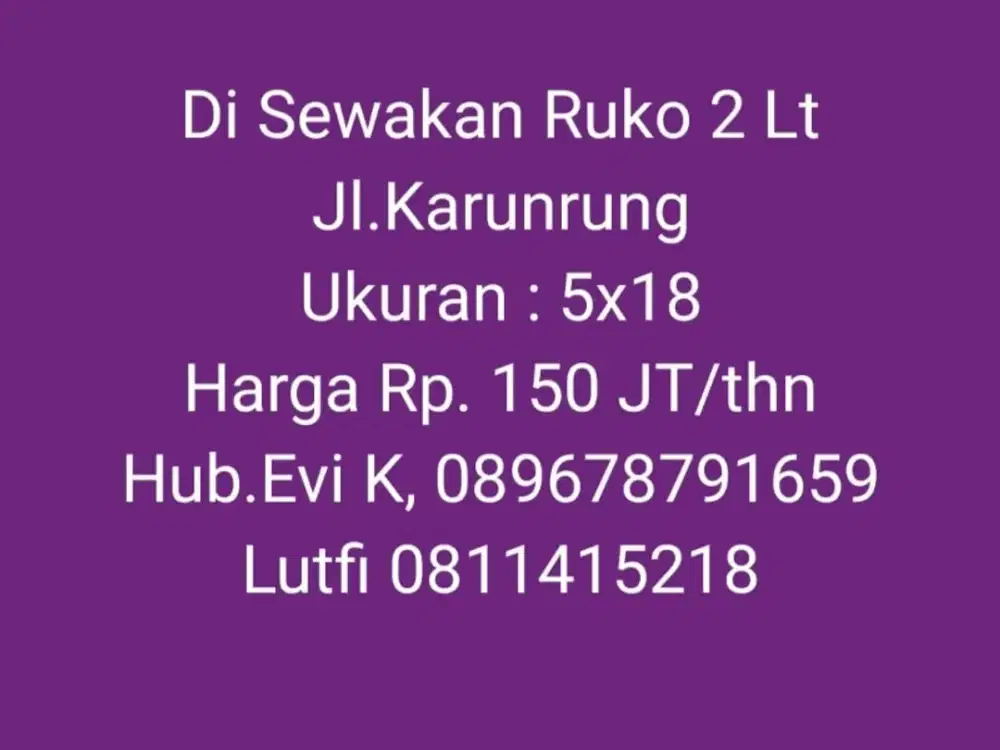 Disewakan Ruko 2 lantai di Jl. Karunrung Makassar