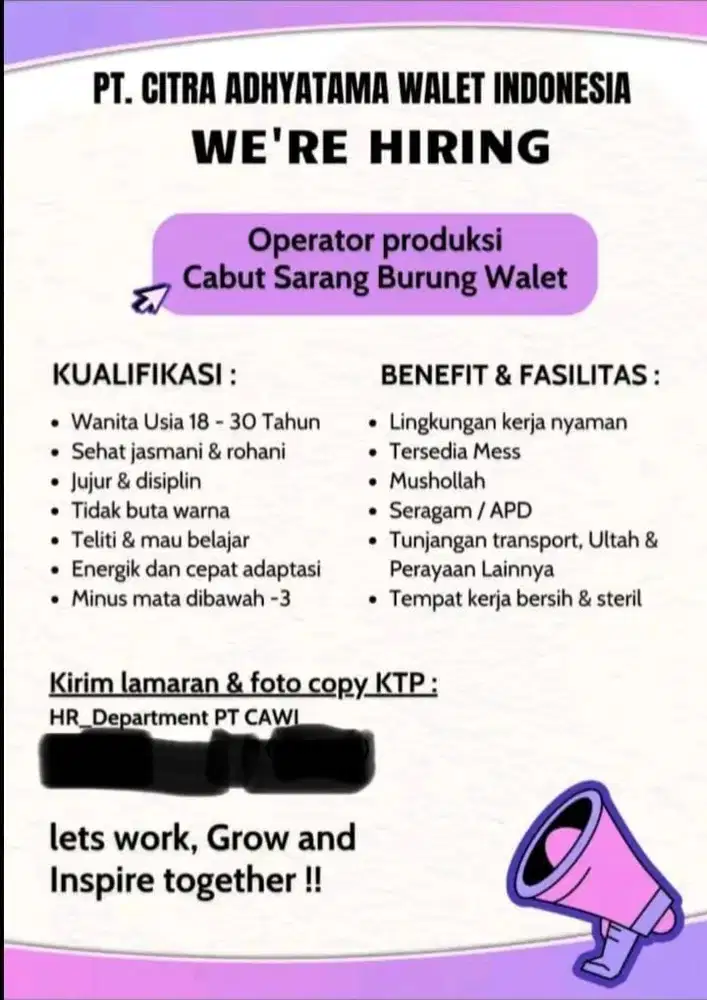 Lowongan Kerja Operator Pabrik (Wanita Max 30 thn)
