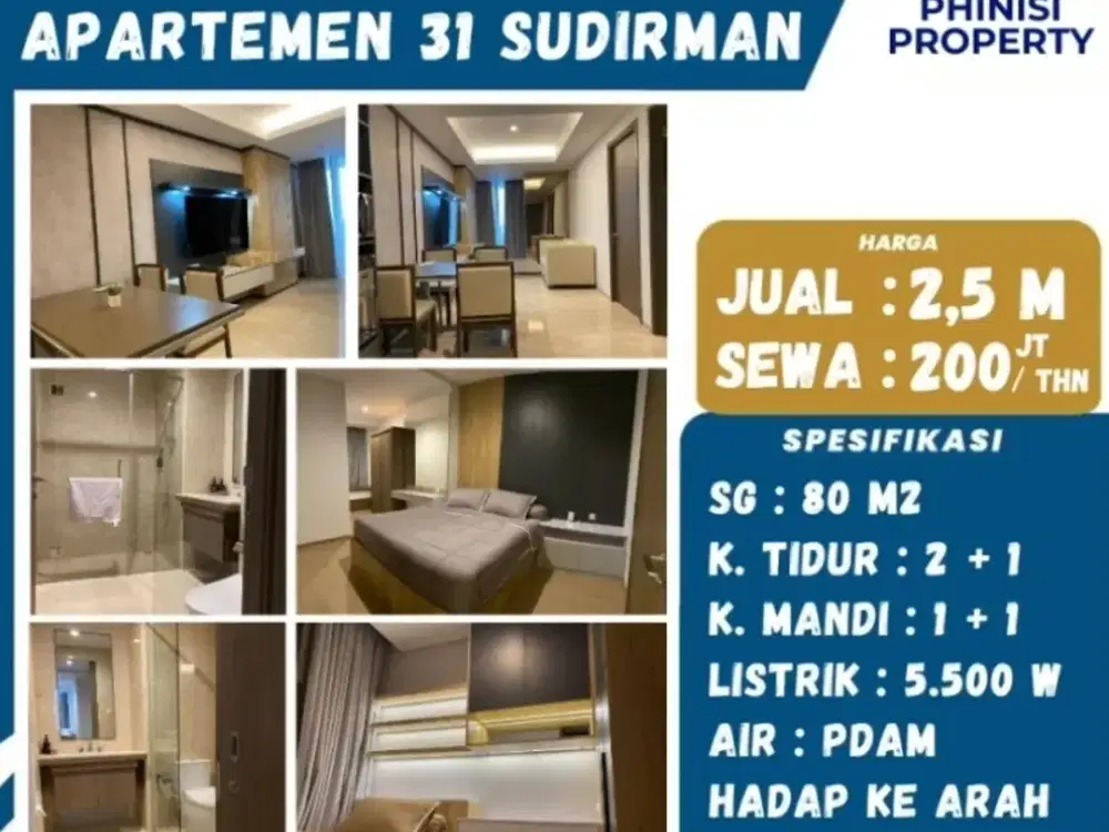 DIJUAL Apartmen 31 Sudirman 2 Kamar Tidur Full Furnish
