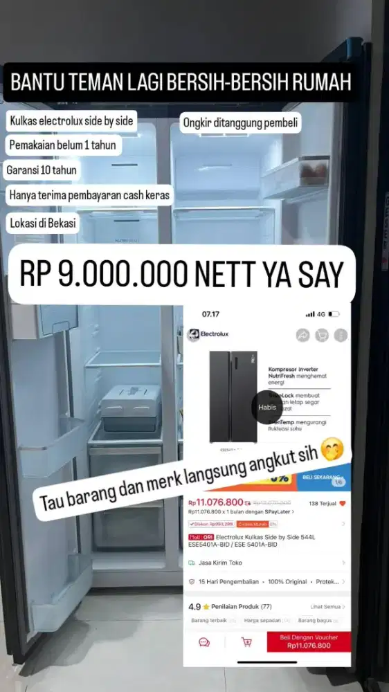 KULKAS ELECTROLUX SIDE BY SIDE PEMAKAIN BELUM 1 TAHUN