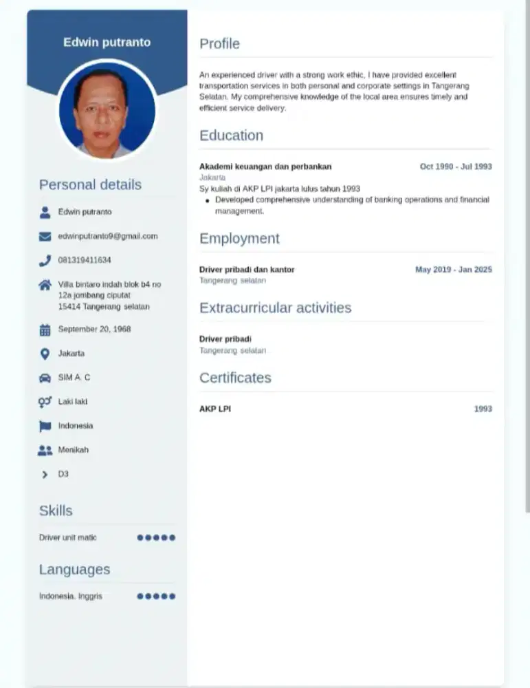 Cari kerja sebagai driver pribadi.office.
